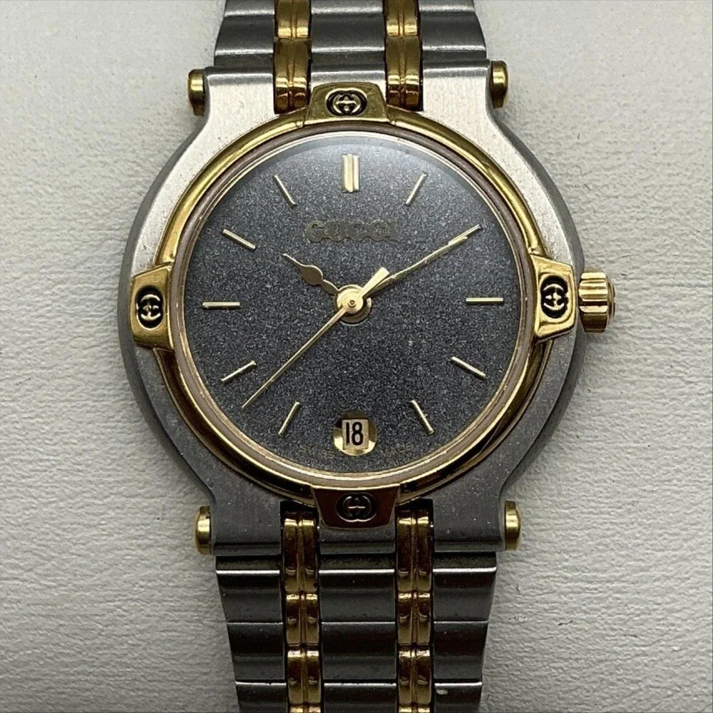 Vintage Gucci 9000L Womens Watch 25mm Silver Gold Tone Date New Battery 7.25